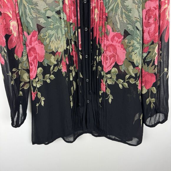 One Fine Day Anthropologie Black Pink Green Floral Semi Sheer Boho Top XS - Picture 3 of 15